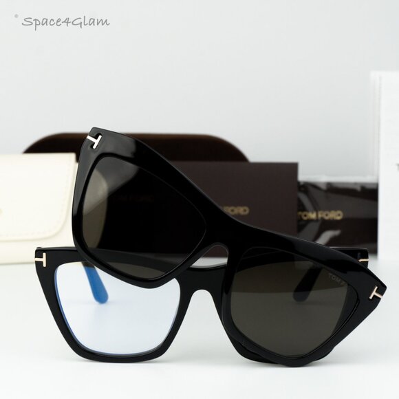 Tom Ford Woman Sunglasses Black Blue Block Clip-On Grey Cat Eye FT5971-B 014 NEW - Picture 4 of 14